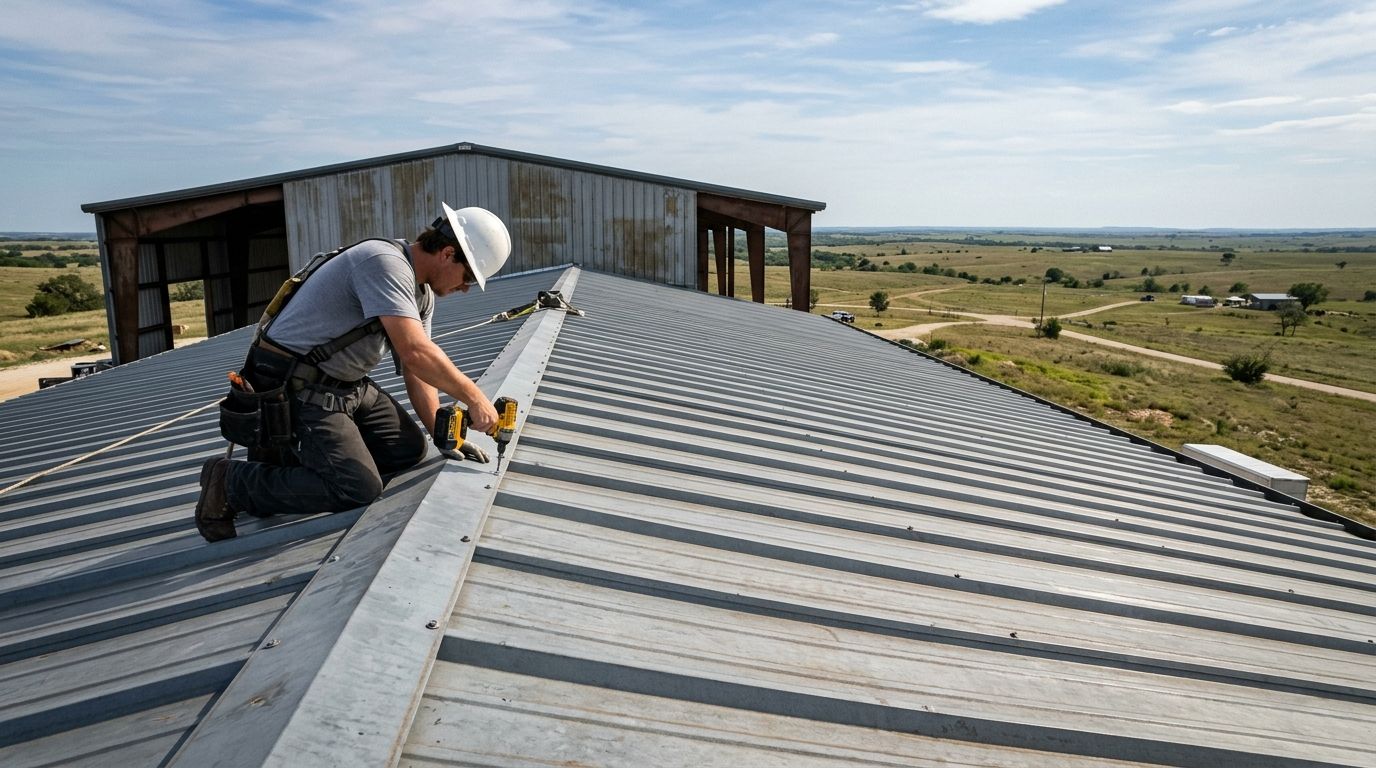 Roofer replacing fasteners on a large R-panel metal roof