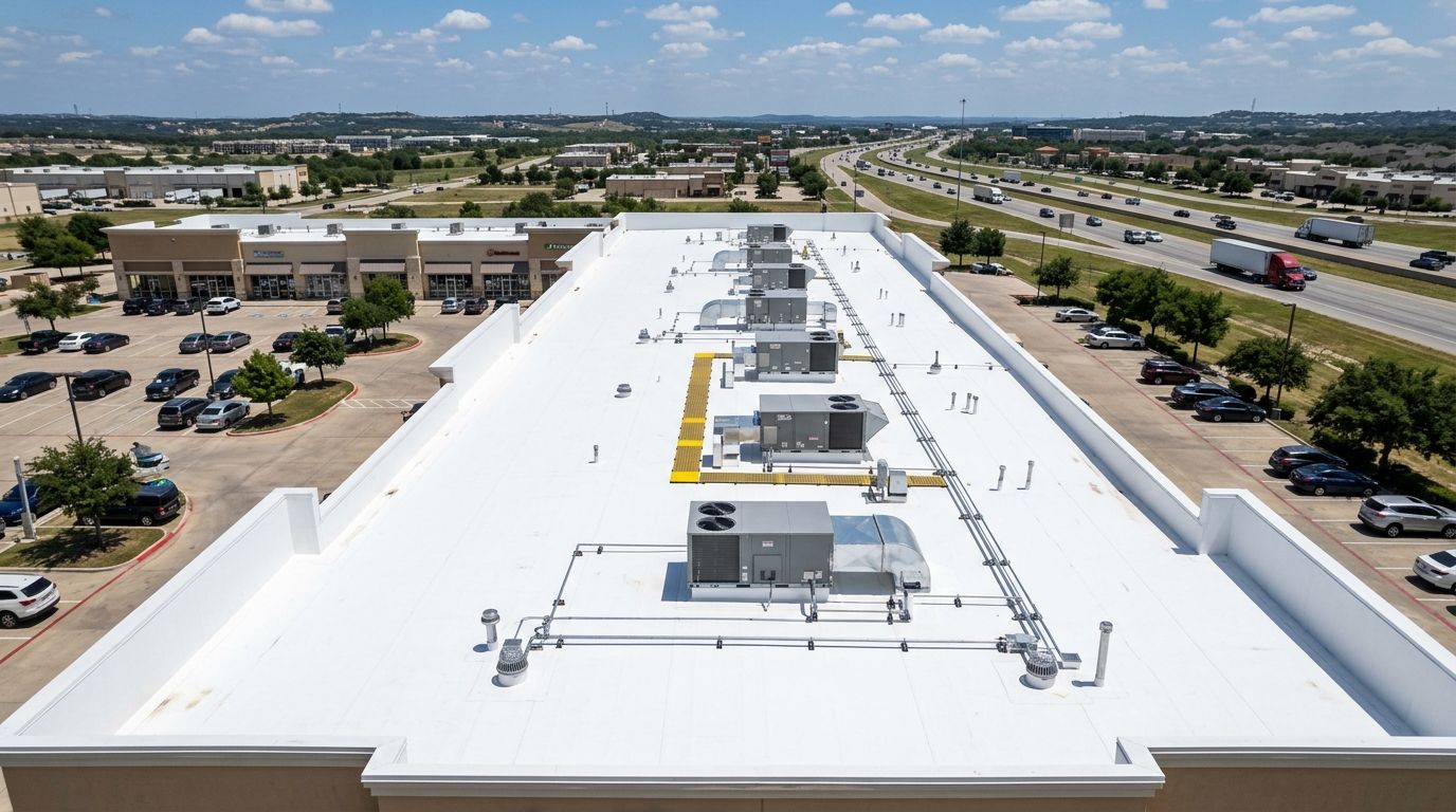 White TPO roof on a strip retail center with rooftop HVAC units