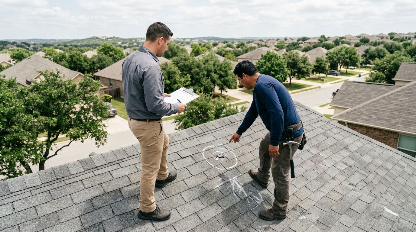 Roofer and insurance adjuster reviewing hail damage on a residential roof